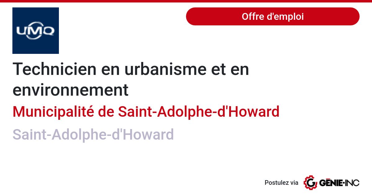 Offre d'emploi Technicien en urbanisme et en environnement pour